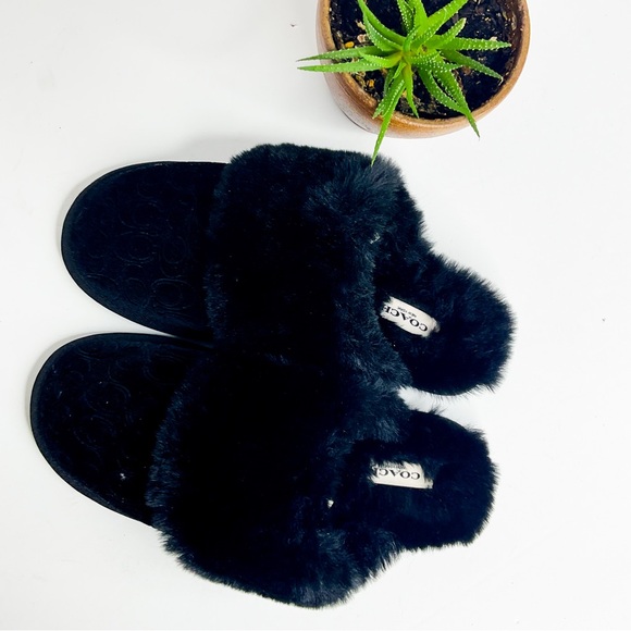 Coach Shoes - Coach Black Fur Fuzzy & Super Soft Slippers